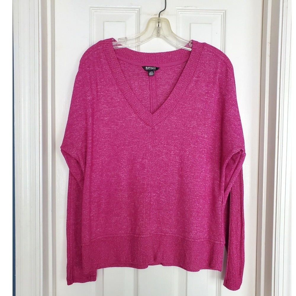 Buffalo David Bitton Sweater Pink V-Neck‎ Soft Knit Long Sleeve Top Small
